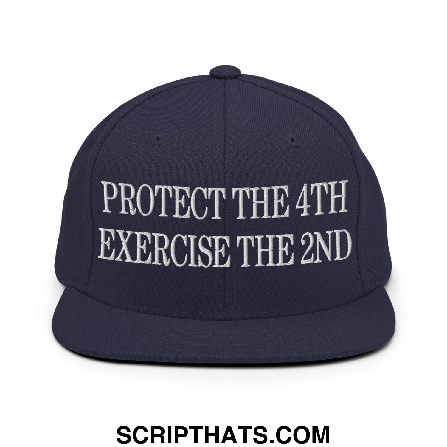 Navy blue snapback hat with white embroidered protect the 4th exercise the 2nd text and flat bill brim