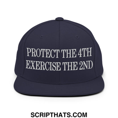 Navy blue snapback hat with white embroidered protect the 4th exercise the 2nd text and flat bill brim