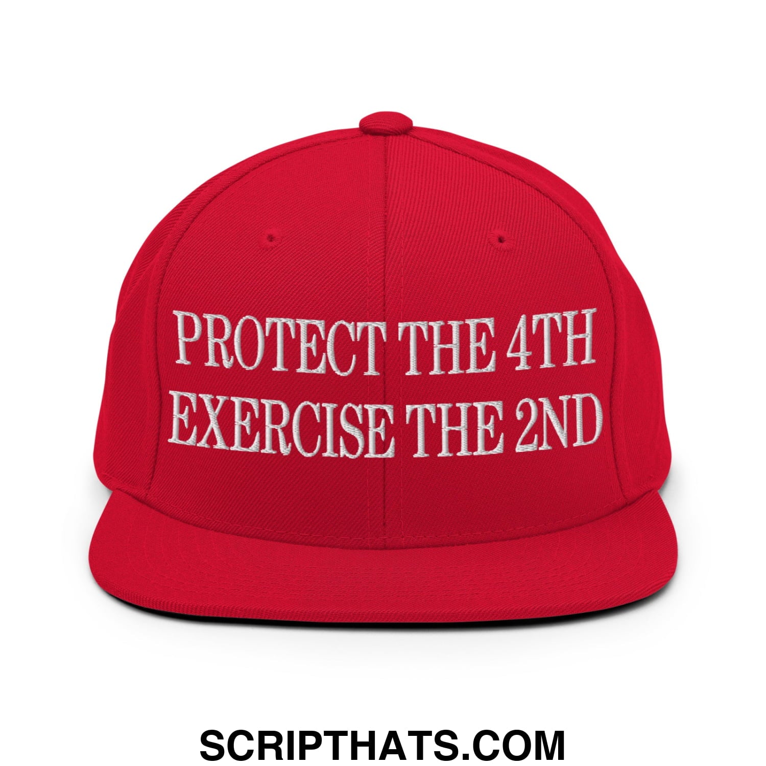 Red snapback cap with white embroidered protect the 4th exercise the 2nd text and flat bill brim design