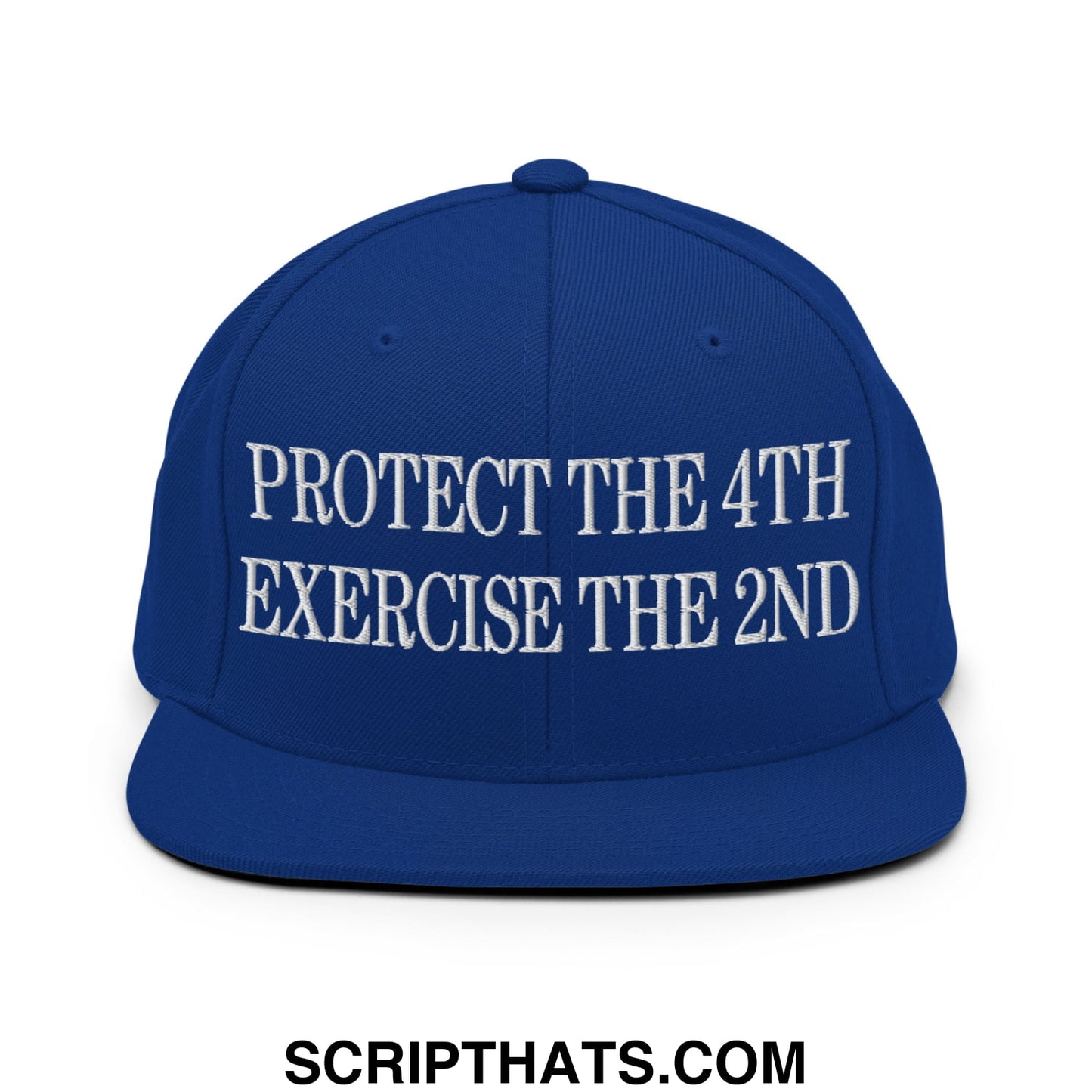 Royal blue snapback cap with white embroidered protect the 4th exercise the 2nd text and flat bill brim design