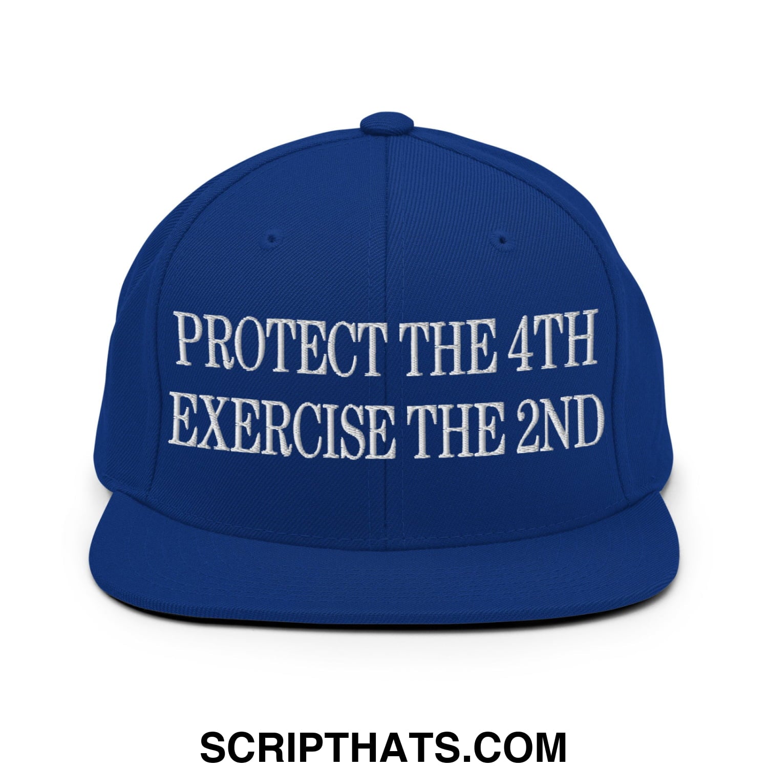 Royal blue snapback cap with white embroidered protect the 4th exercise the 2nd text and flat bill brim design