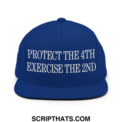 Royal blue snapback cap with white embroidered protect the 4th exercise the 2nd text and flat bill brim design