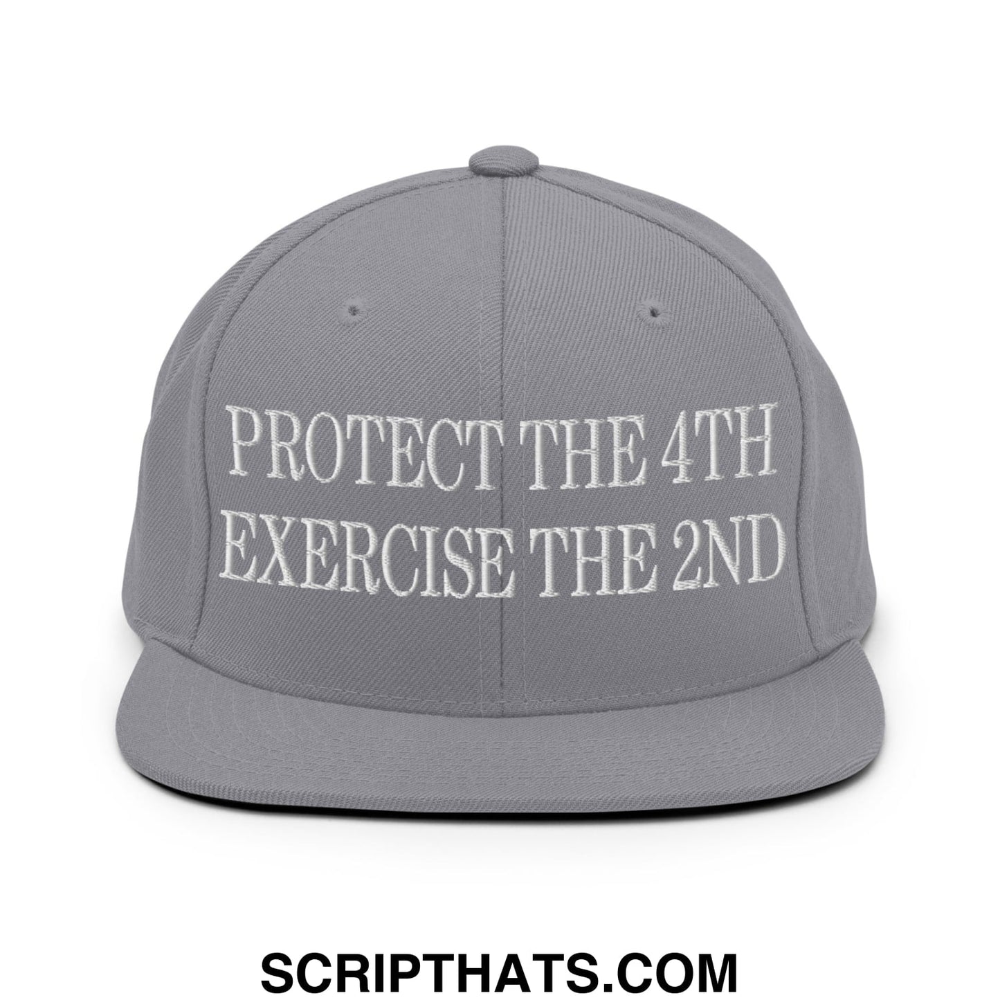 Gray snapback hat with white embroidered text protect the 4th exercise the 2nd and flat bill brim design