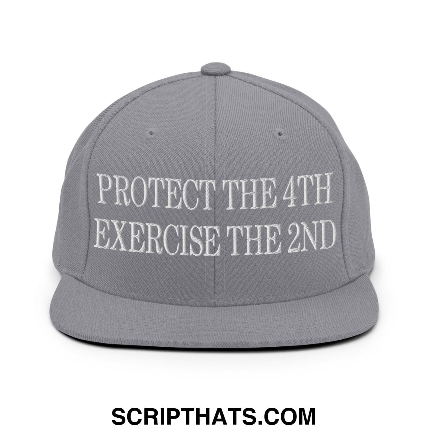 Gray snapback hat with white embroidered text protect the 4th exercise the 2nd and flat bill brim design