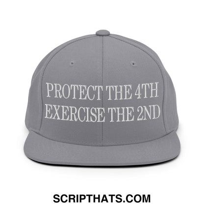 Gray snapback hat with white embroidered text protect the 4th exercise the 2nd and flat bill brim design