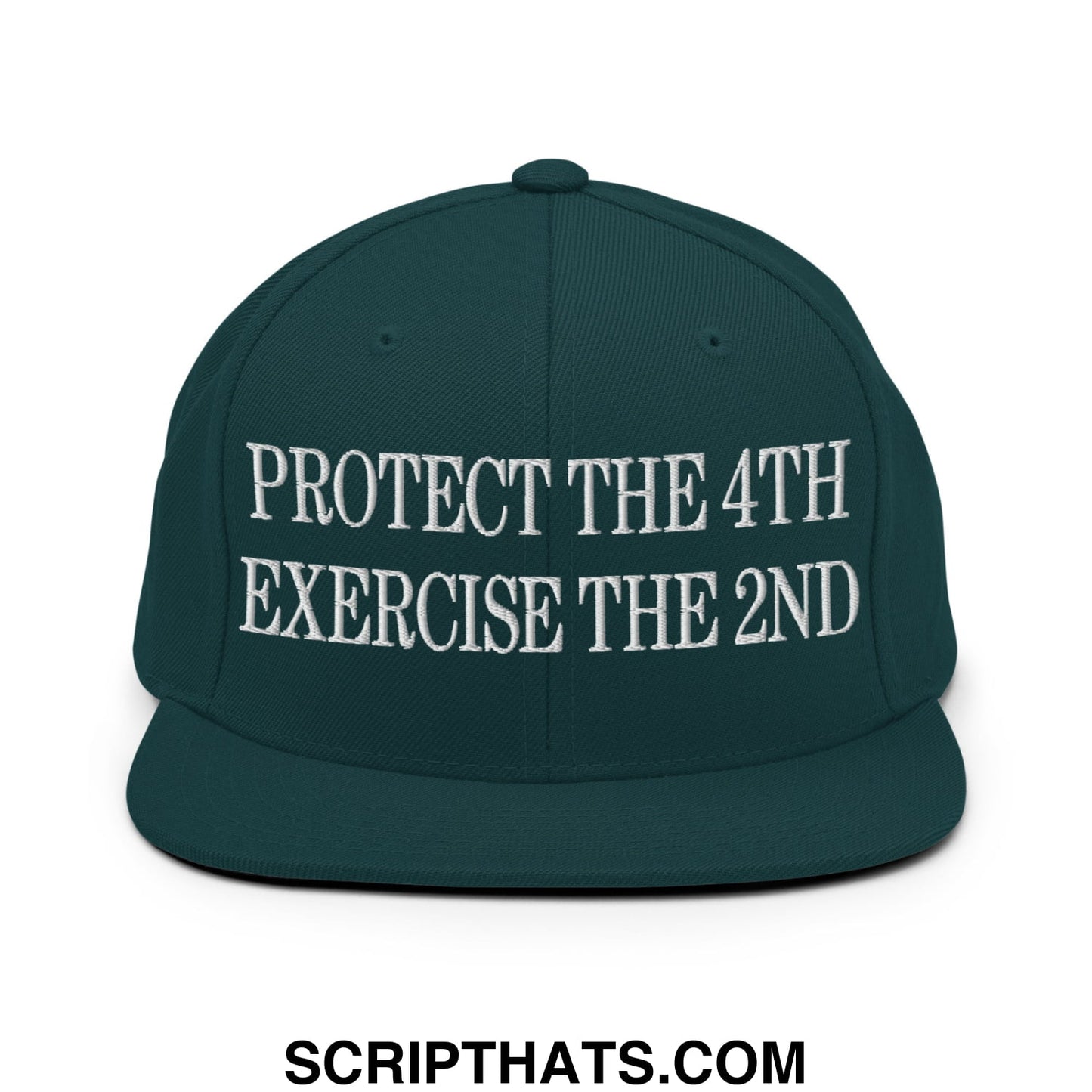 Dark green snapback hat with white embroidered text protect the 4th exercise the 2nd and flat bill brim