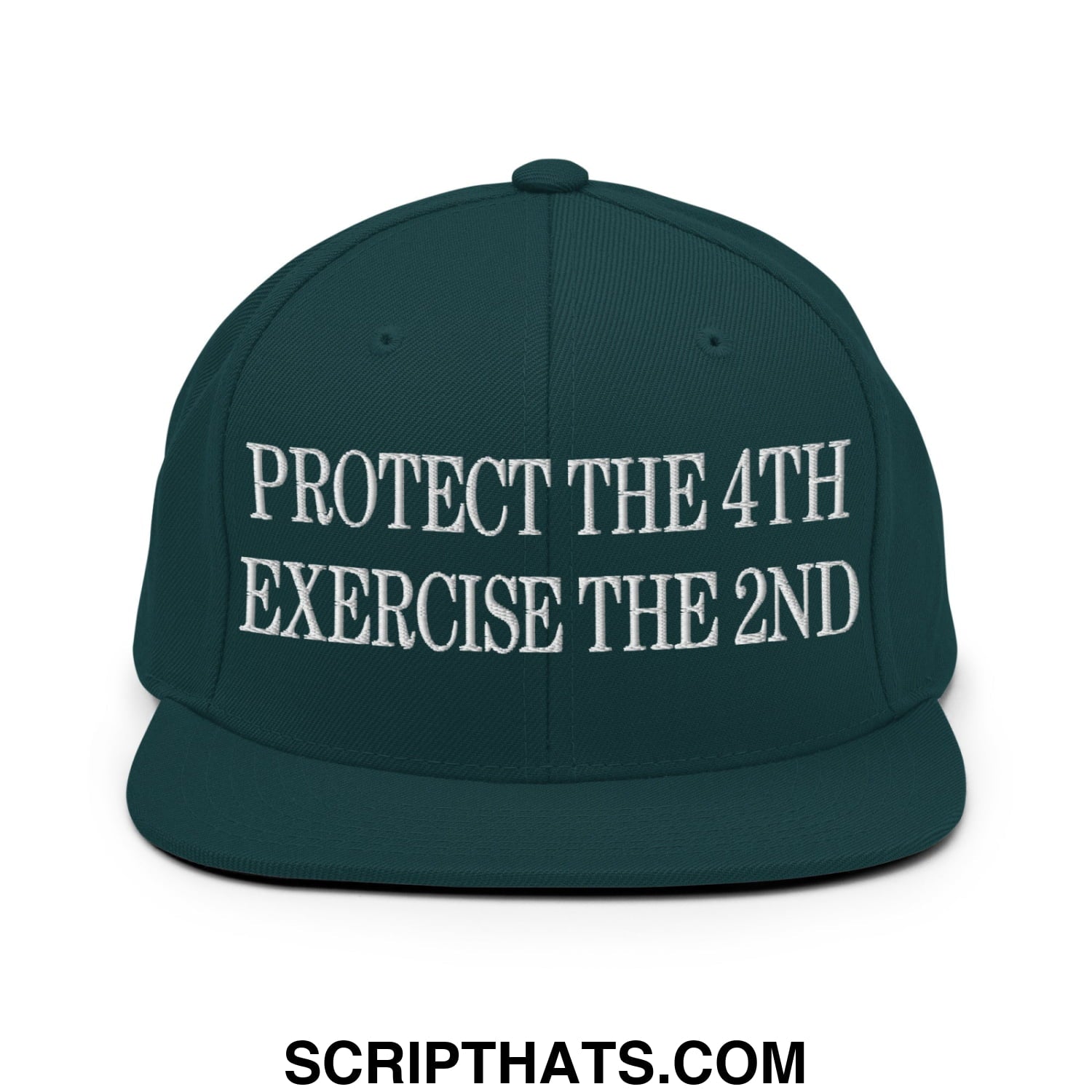 Dark green snapback hat with white embroidered text protect the 4th exercise the 2nd and flat bill brim