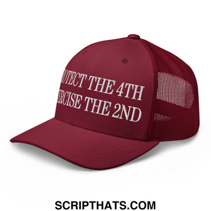Maroon mesh trucker hat with white embroidered text protect the 4th exercise the 2nd across the front panels