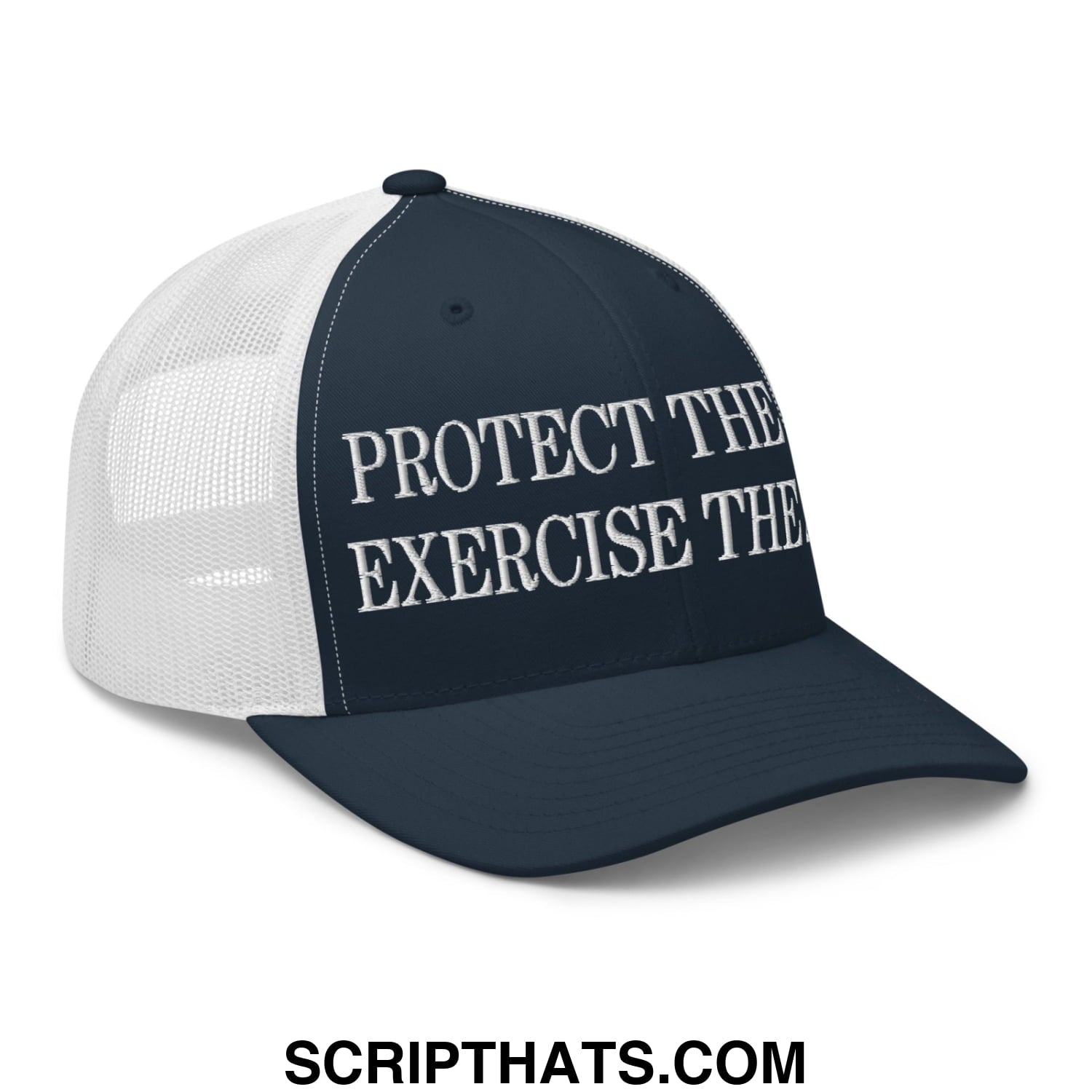 Navy blue and white mesh trucker hat with embroidered protect the exercise the text in bold capital letters