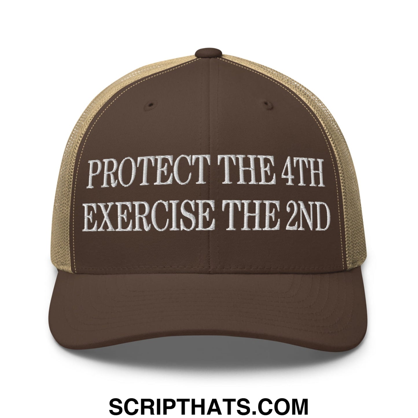Brown and tan mesh trucker hat with white embroidered text protect the 4th exercise the 2nd on front panel