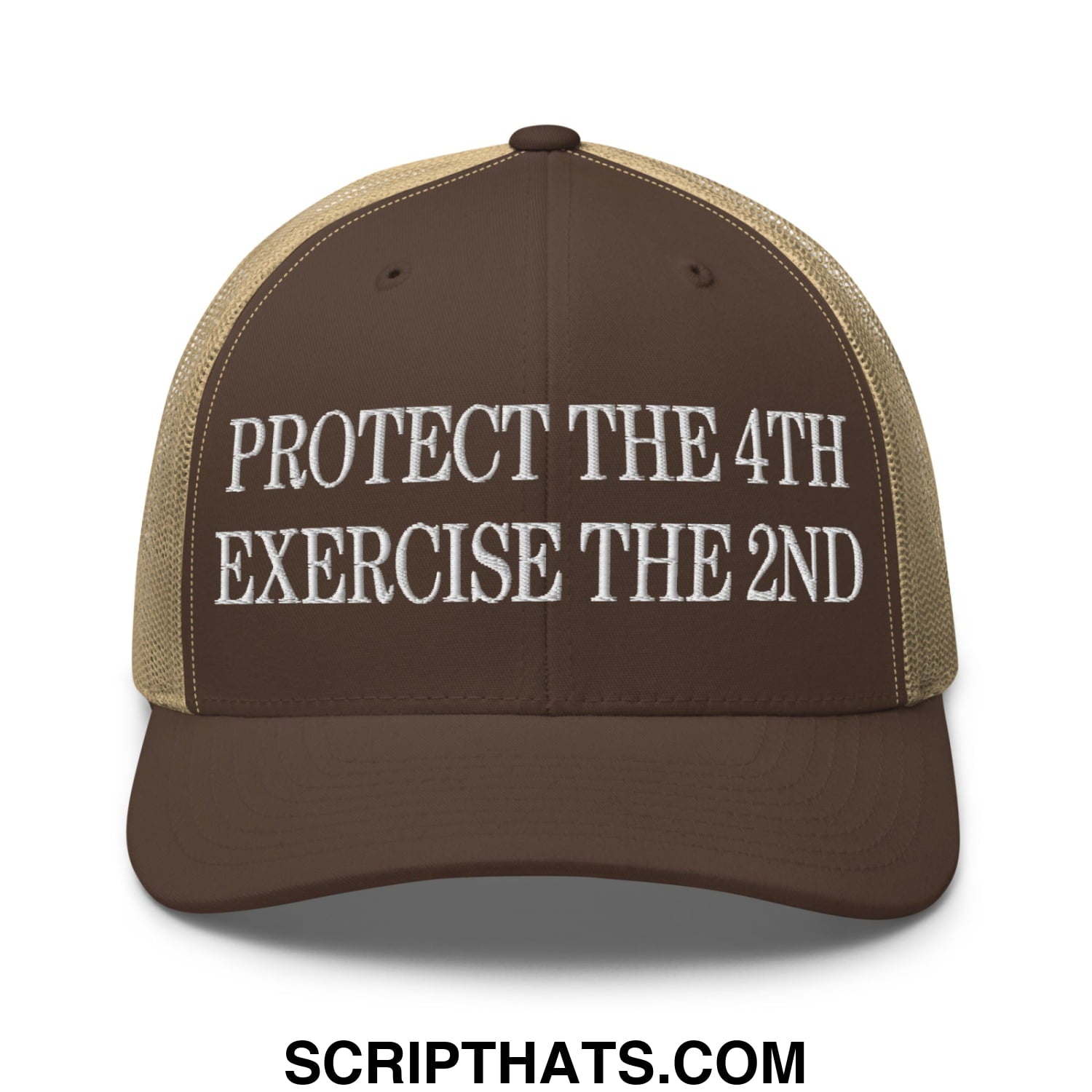 Brown and tan mesh trucker hat with white embroidered text protect the 4th exercise the 2nd on front panel