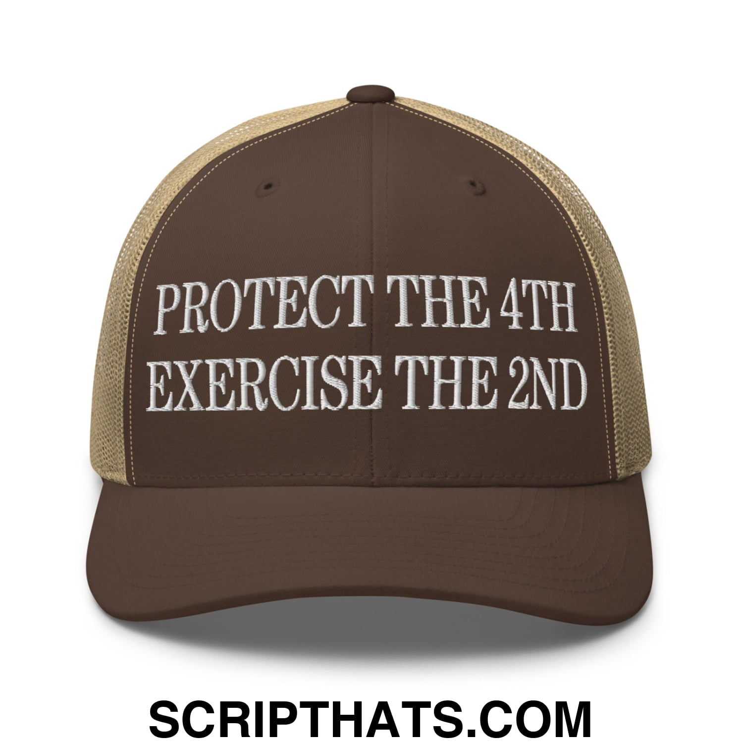 Protect The 4th Exercise The 2nd Embroidered Mesh Trucker Hat Brown Khaki