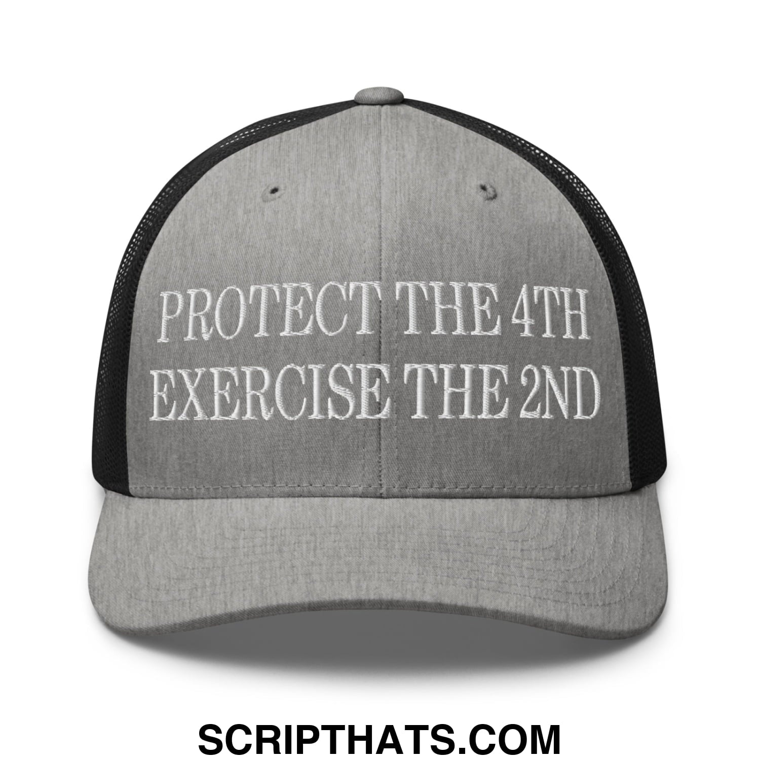 Gray and black mesh trucker hat with white embroidered protect the 4th exercise the 2nd text on front panel