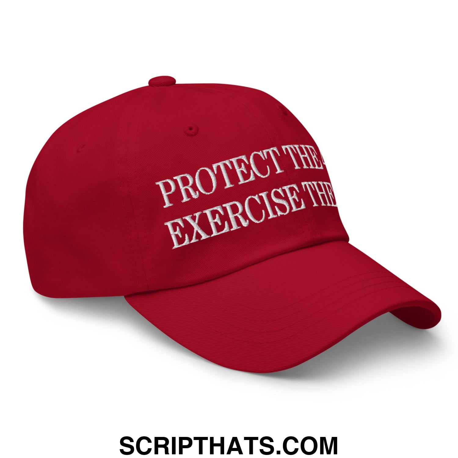 Red unstructured dad hat with white embroidered protect the exercise the text promoting the 4th and 2nd amendments