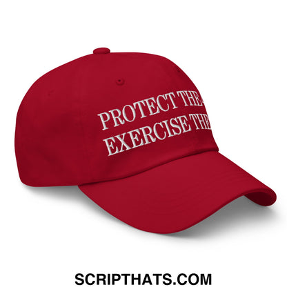 Red unstructured dad hat with white embroidered protect the exercise the text promoting the 4th and 2nd amendments