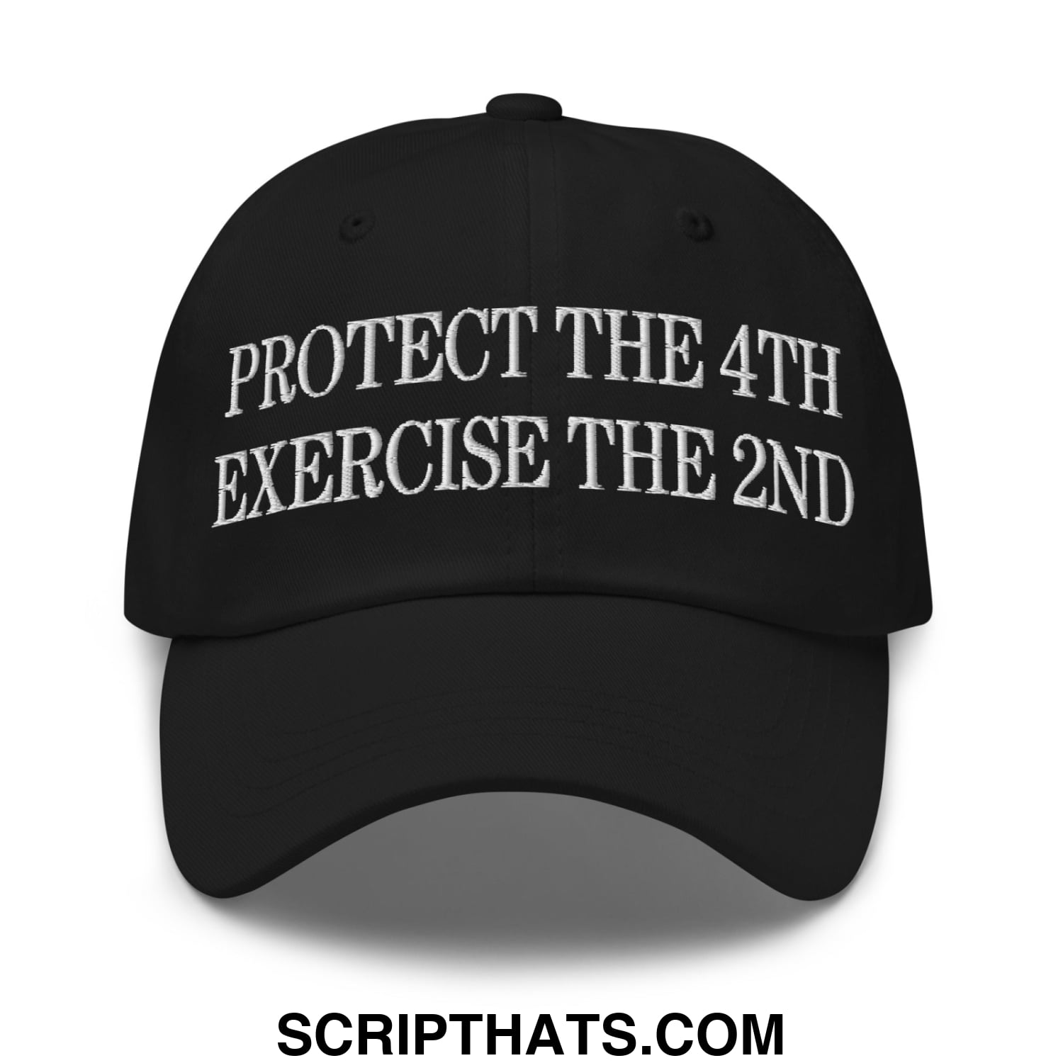 Black unstructured dad hat with white embroidered protect the 4th exercise the 2nd text on front panel