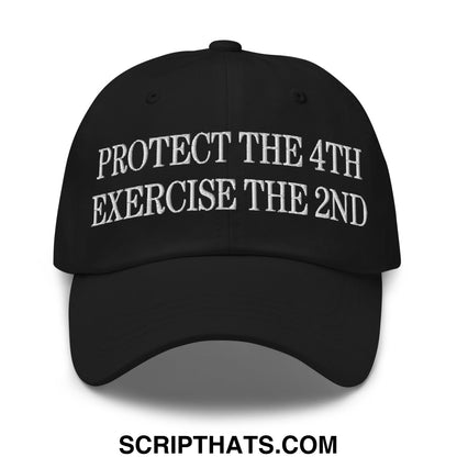 Black unstructured dad hat with white embroidered protect the 4th exercise the 2nd text on front panel