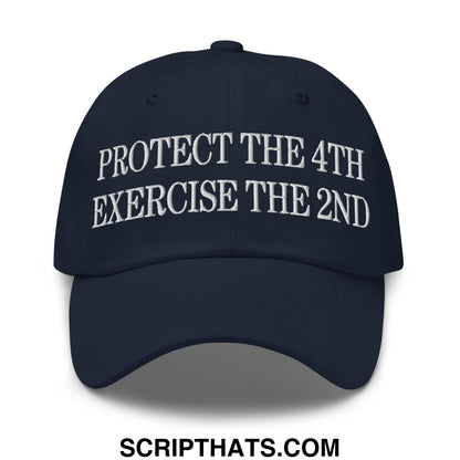 Navy blue unstructured dad hat with white embroidered text protect the 4th exercise the 2nd for casual wear