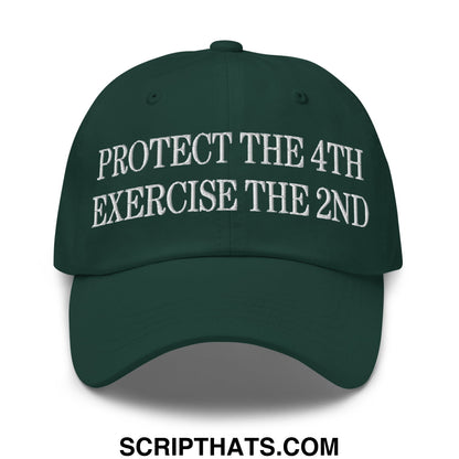 Dark green unstructured dad hat with white embroidered text protect the 4th exercise the 2nd on front panel