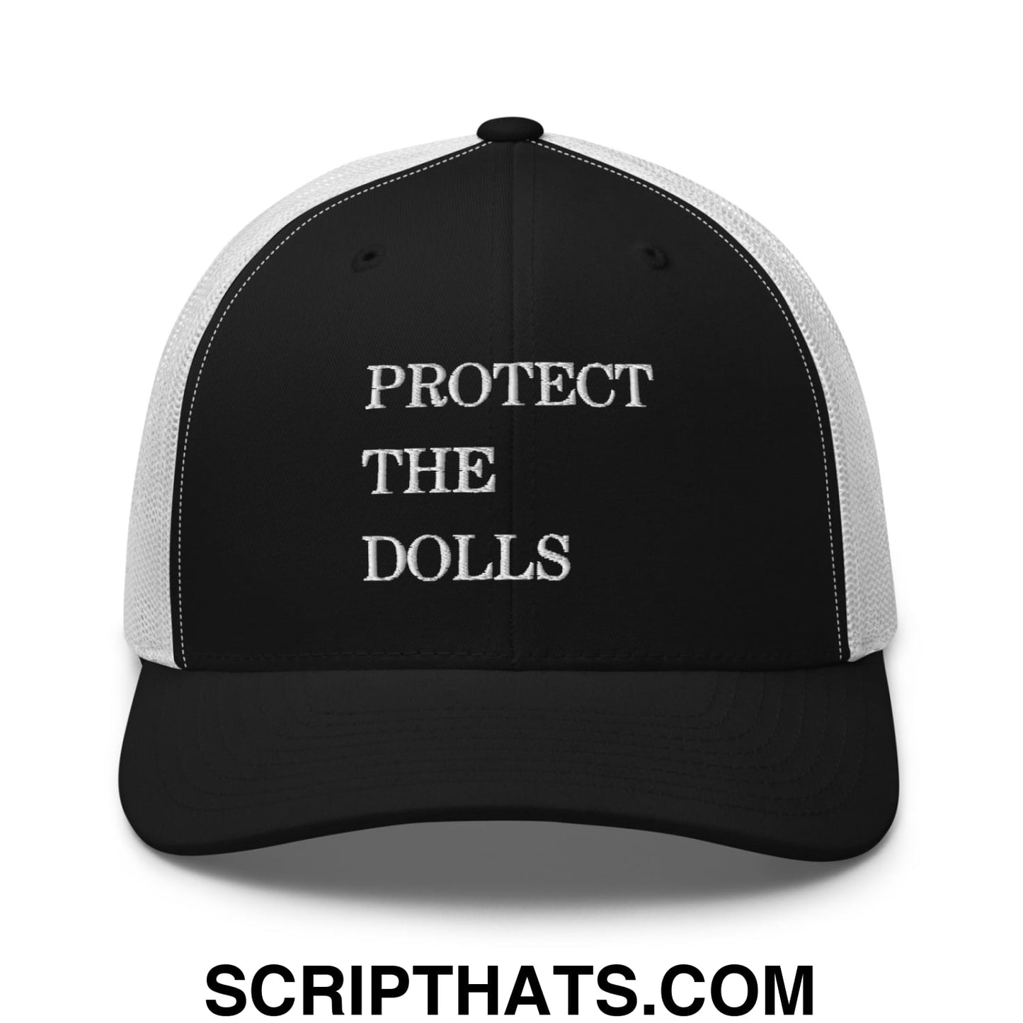 Protect The Dolls Embroidered Mesh Trucker Hat Black White