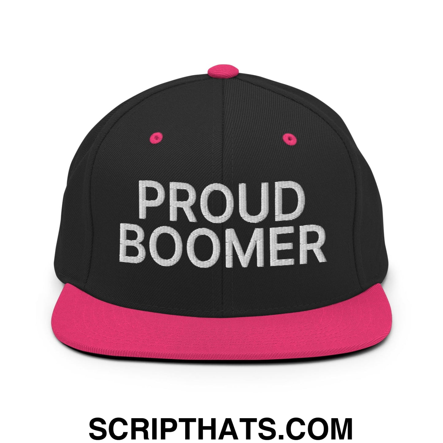 Proud Boomer Embroidered Flat Bill Brim Snapback Hat Black Neon Pink