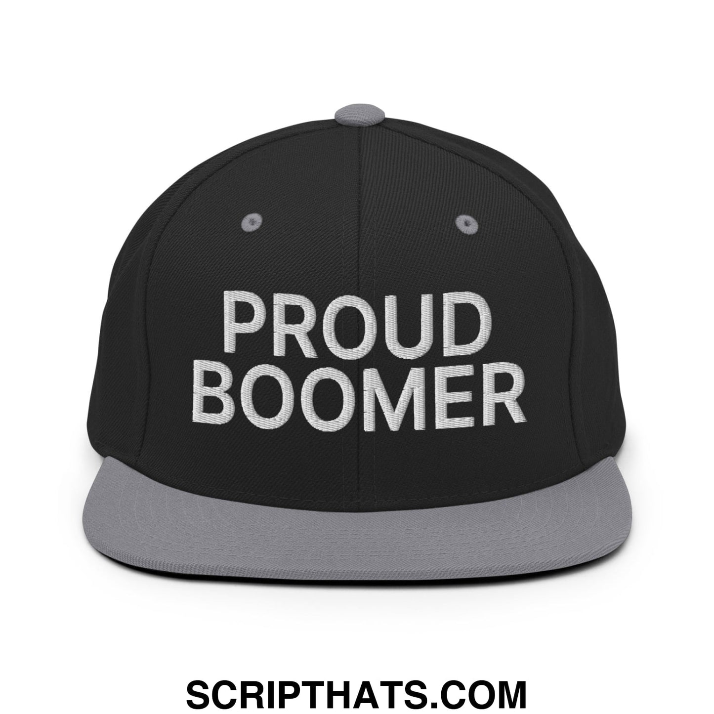 Proud Boomer Embroidered Flat Bill Brim Snapback Hat Black Silver