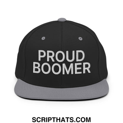 Proud Boomer Embroidered Flat Bill Brim Snapback Hat Black Silver
