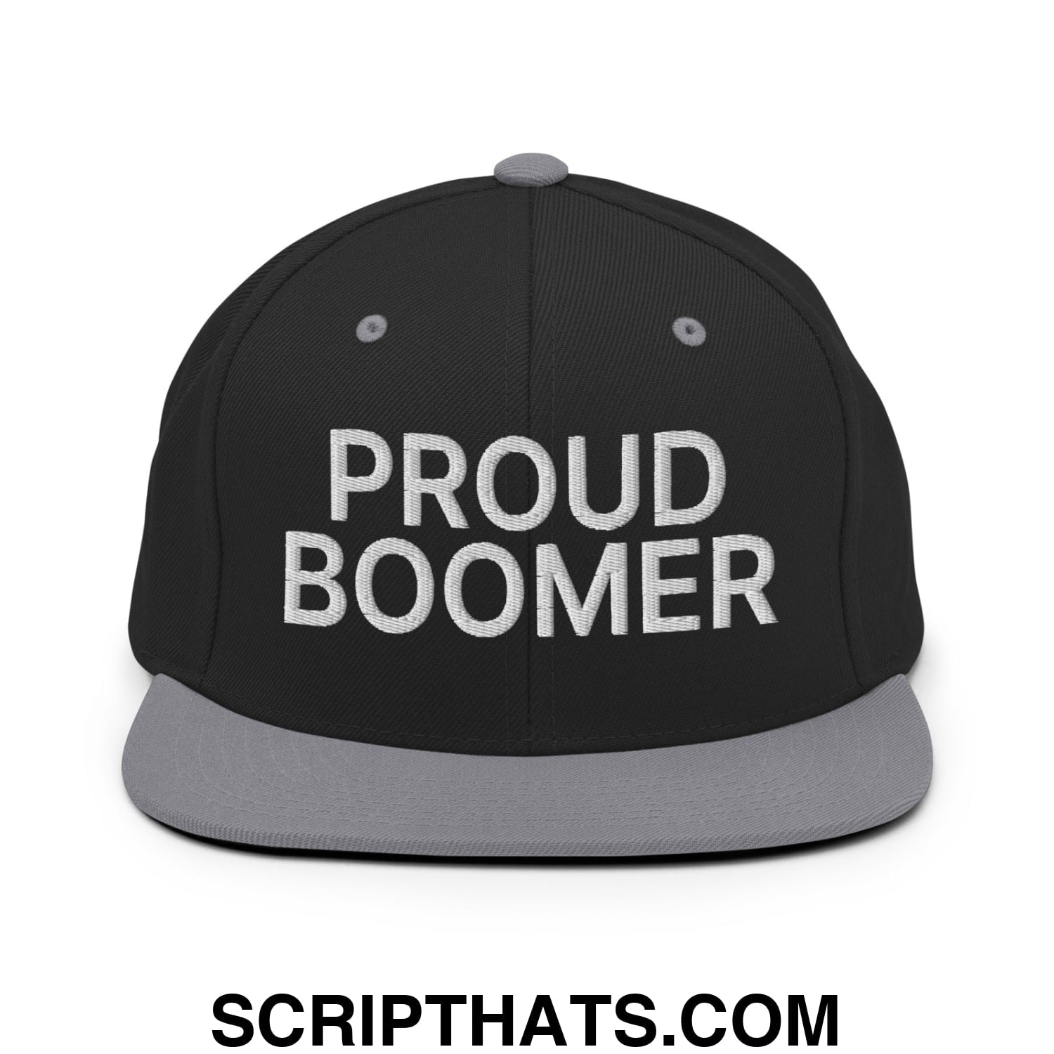 Proud Boomer Embroidered Flat Bill Brim Snapback Hat Black Silver