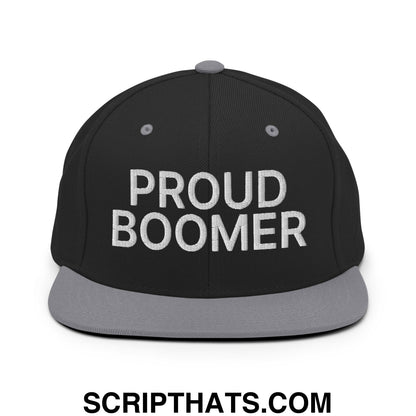 Proud Boomer Embroidered Flat Bill Brim Snapback Hat Black Silver