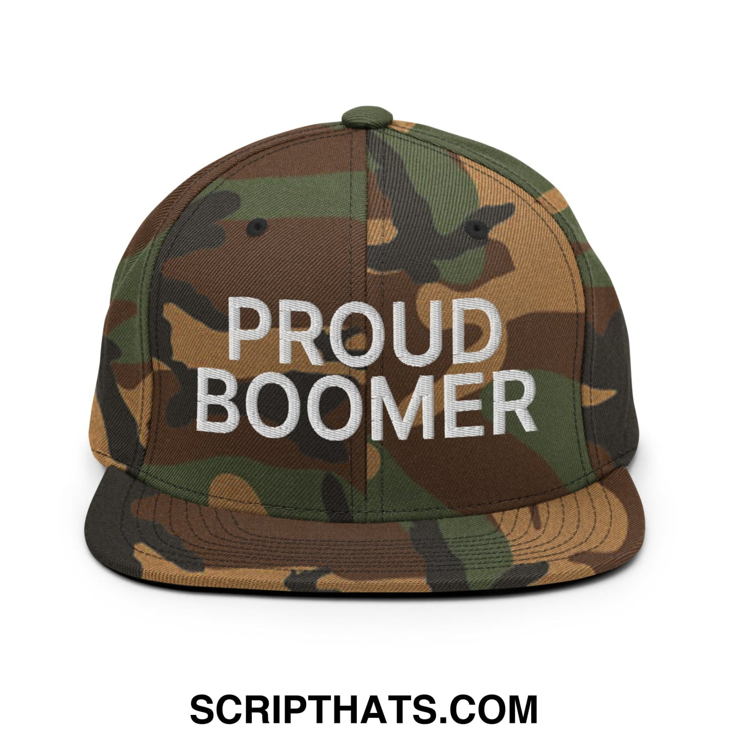Proud Boomer Embroidered Flat Bill Brim Snapback Hat Green Camo