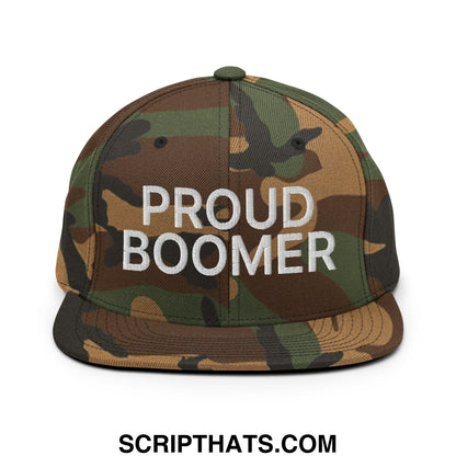 Proud Boomer Embroidered Flat Bill Brim Snapback Hat Green Camo