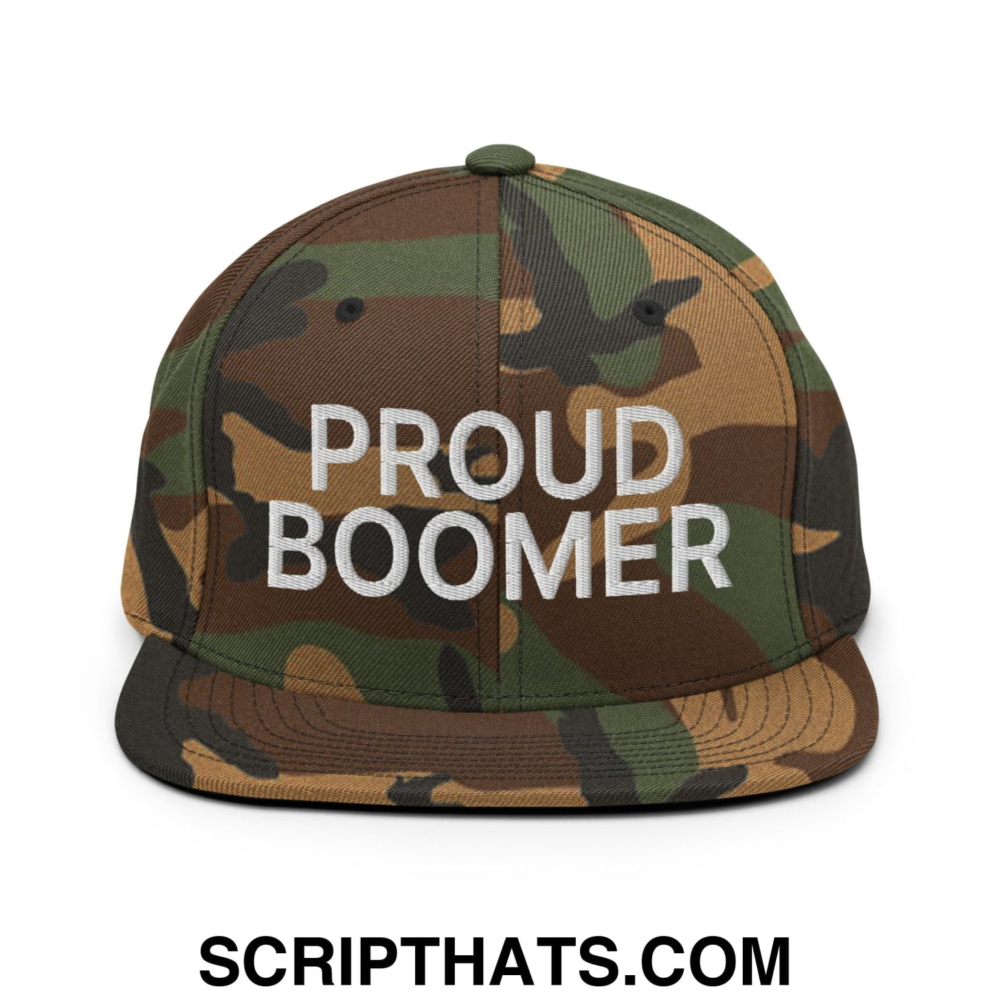 Proud Boomer Embroidered Flat Bill Brim Snapback Hat Green Camo
