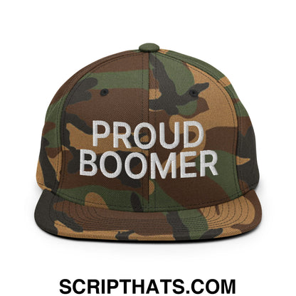 Proud Boomer Embroidered Flat Bill Brim Snapback Hat Green Camo