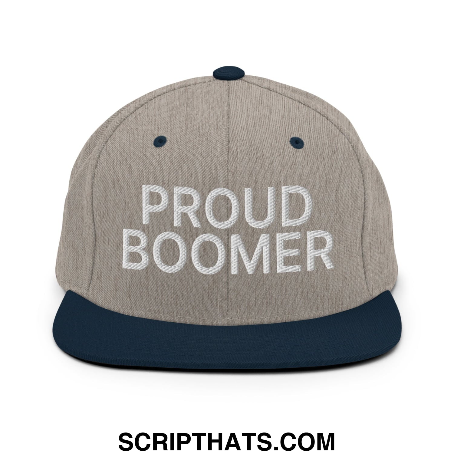 Proud Boomer Embroidered Flat Bill Brim Snapback Hat Heather Grey Navy