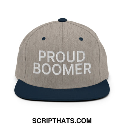 Proud Boomer Embroidered Flat Bill Brim Snapback Hat Heather Grey Navy