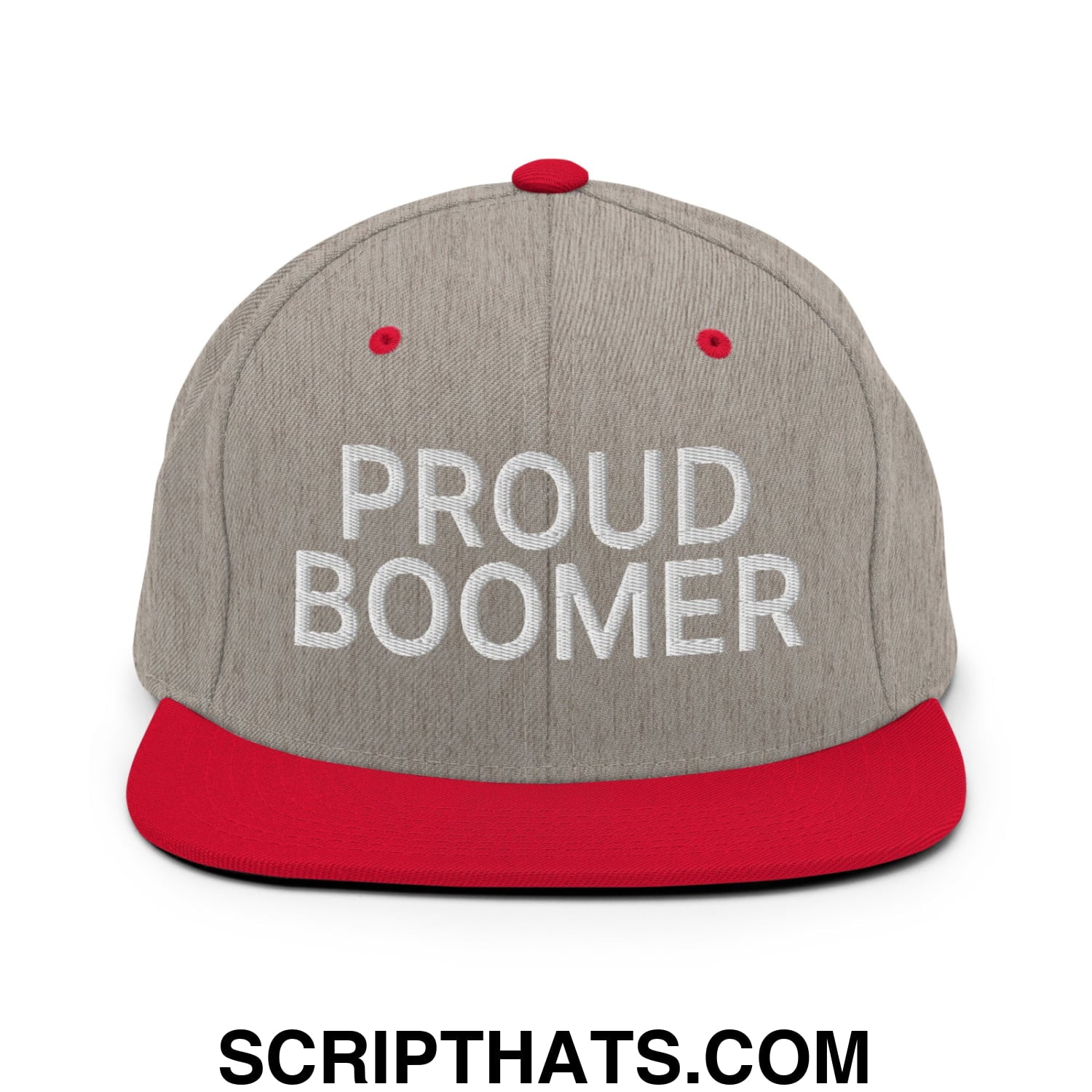 Proud Boomer Embroidered Flat Bill Brim Snapback Hat Heather Grey Red
