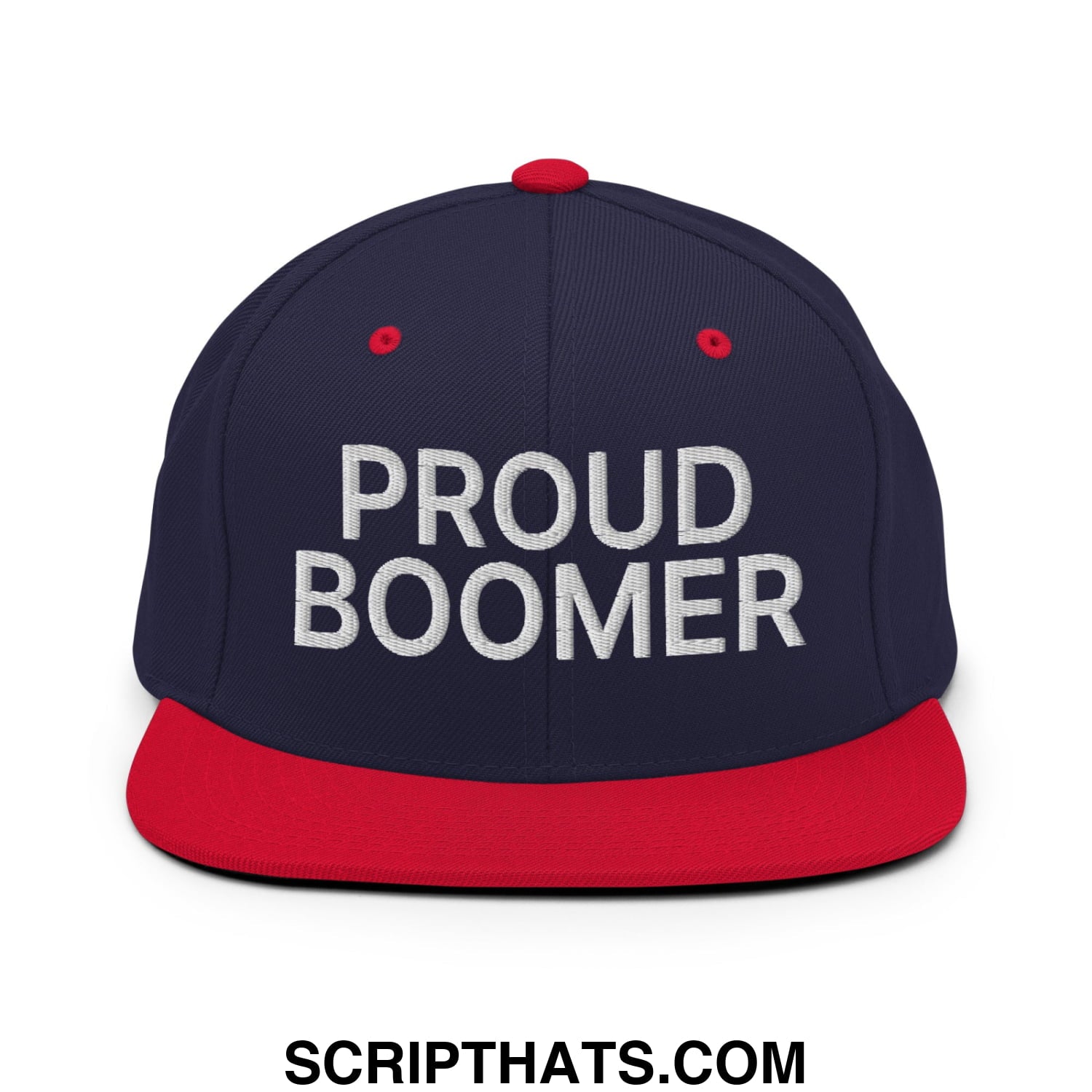 Proud Boomer Embroidered Flat Bill Brim Snapback Hat Navy Red