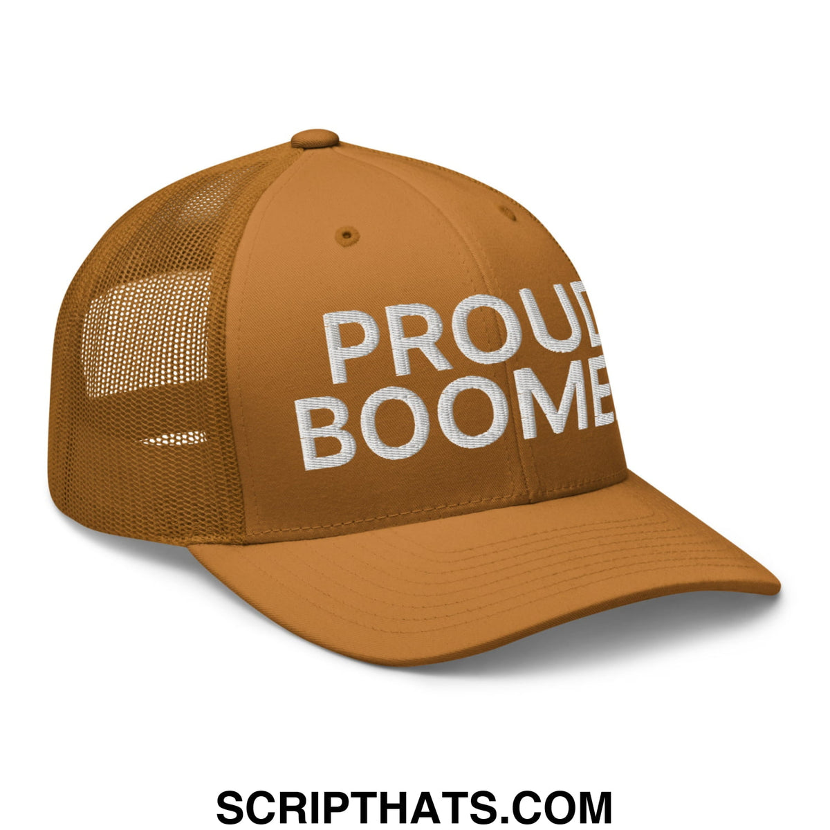 A tan mesh trucker hat with white embroidered proud boomer text on the front designed for casual wear