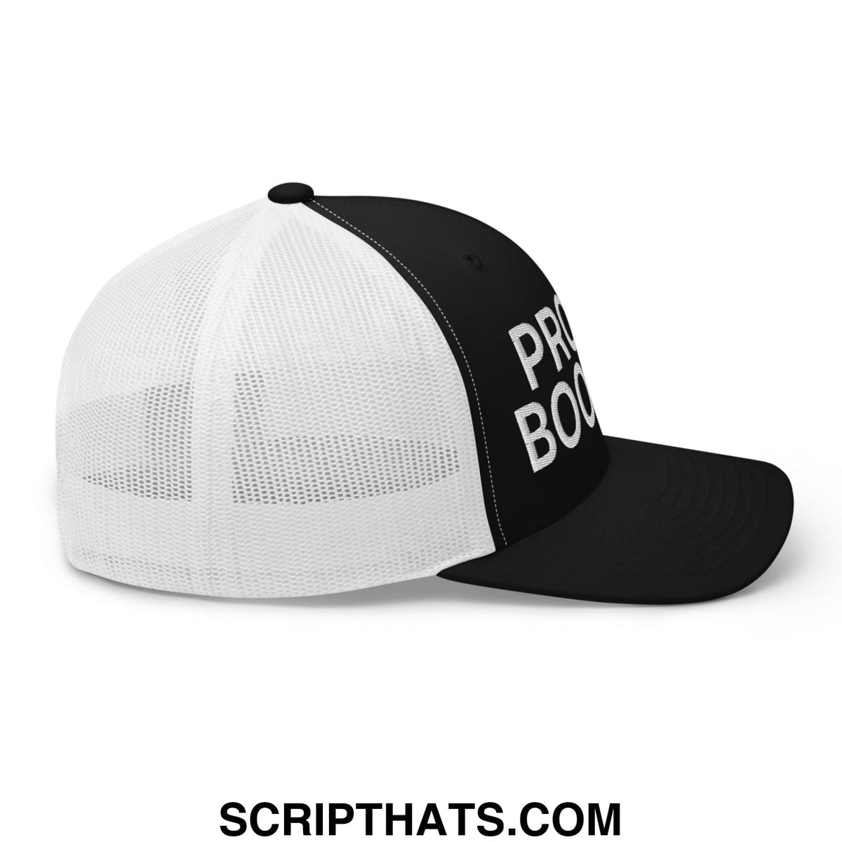 Black and white mesh trucker hat with pro book embroidered in bold on front panel from proud boomer collection