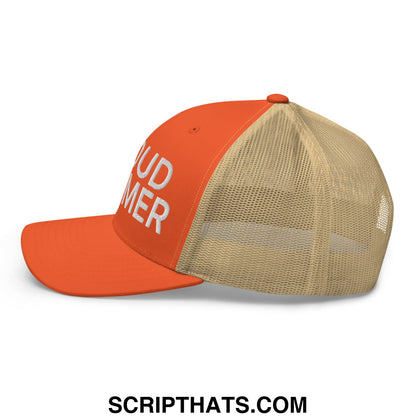 Orange and beige mesh trucker hat with white embroidered proud boomer text on the front panel