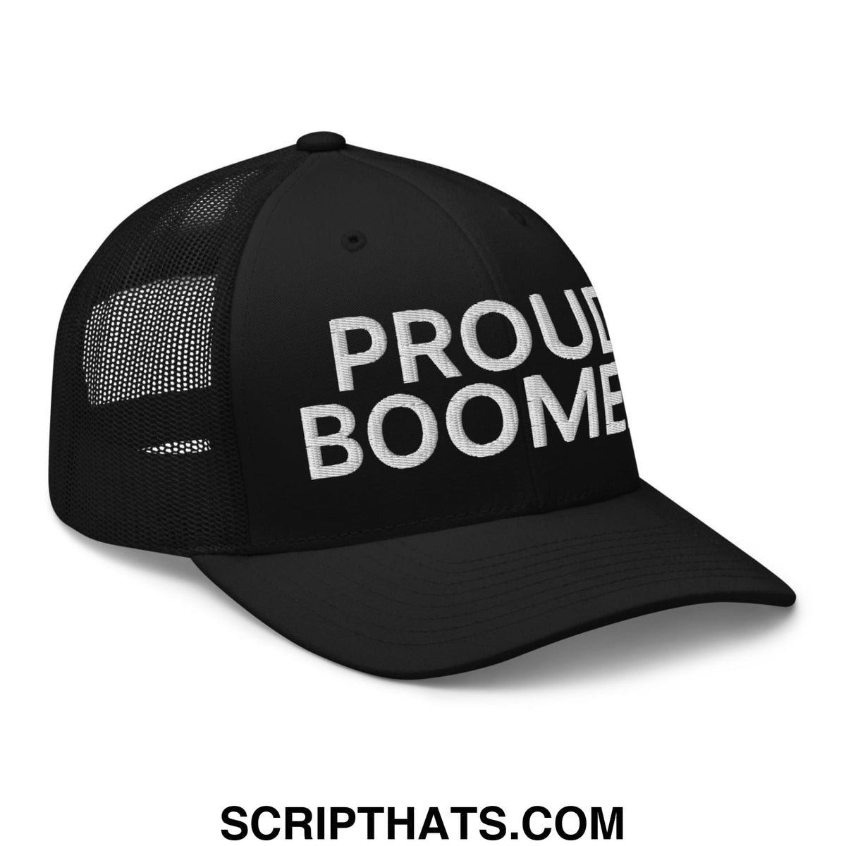 Black mesh trucker hat with white embroidered proud boomer text on the front in a comfortable fit design