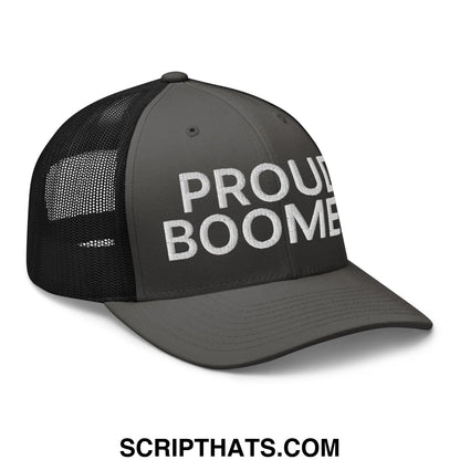 Dark gray proud boomer embroidered mesh trucker hat with white text on front panel and black mesh back