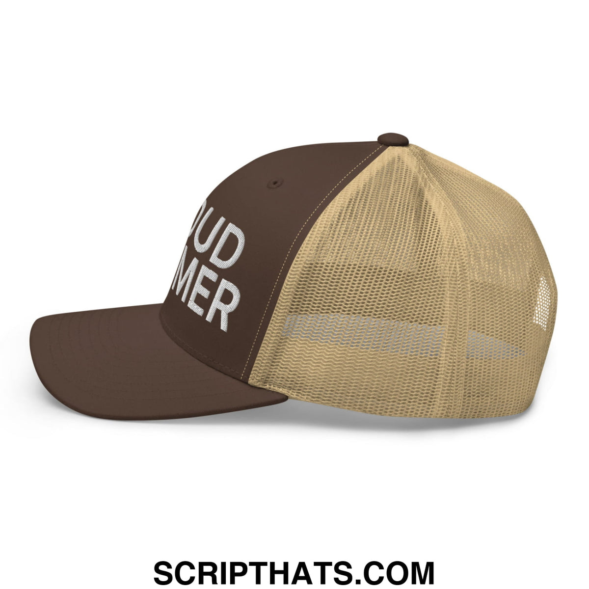 Brown and tan mesh trucker hat with white embroidered bud tender text on front panel proud boomer design