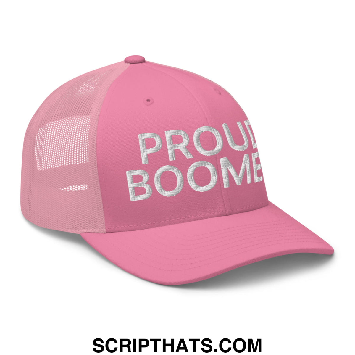 Pink mesh trucker hat with white embroidered proud boomer text on the front for casual wear