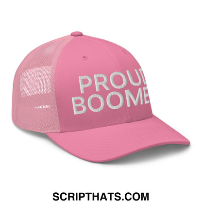 Pink mesh trucker hat with white embroidered proud boomer text on the front for casual wear