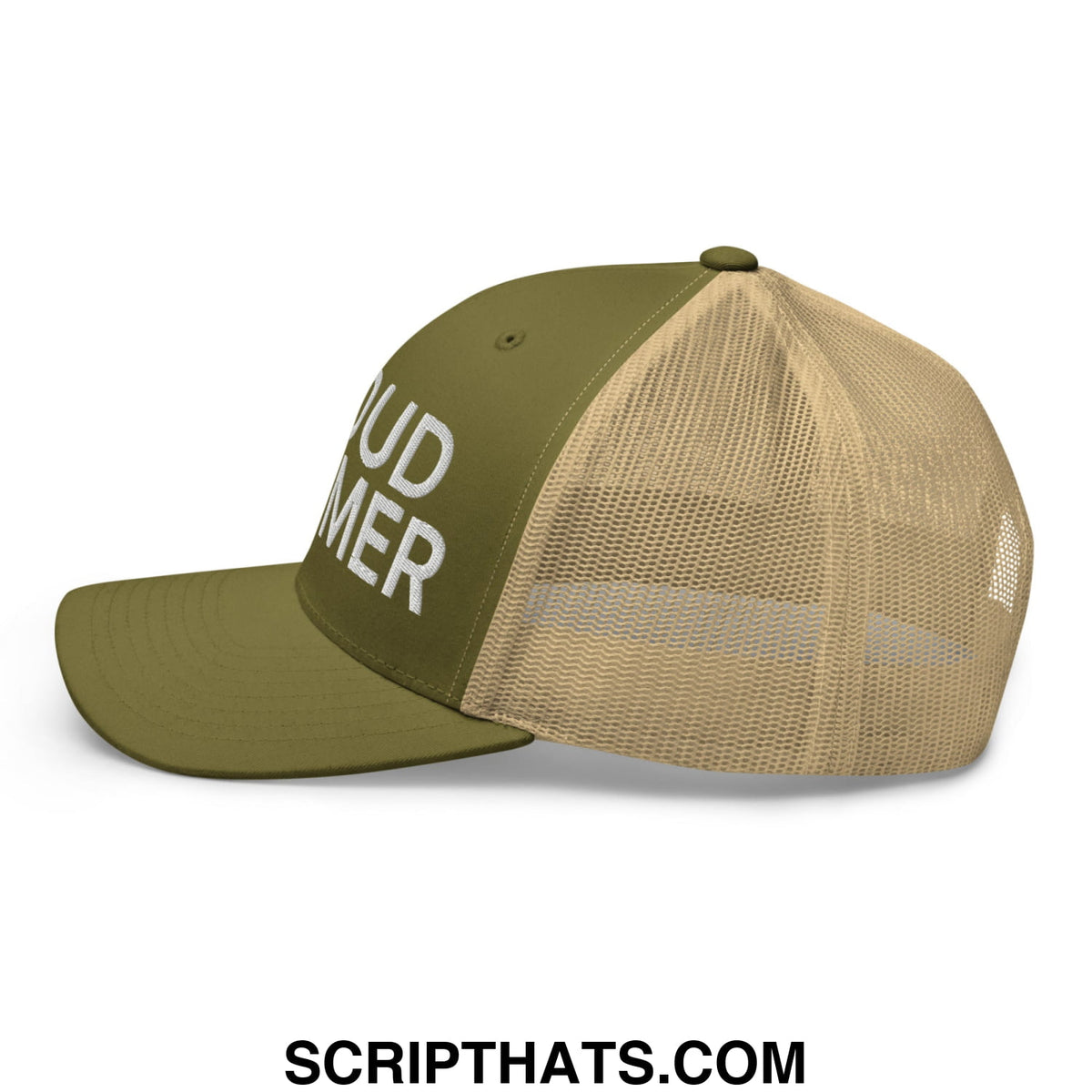 Olive green and tan mesh trucker hat with white dud embroidery on front panel proud boomer style