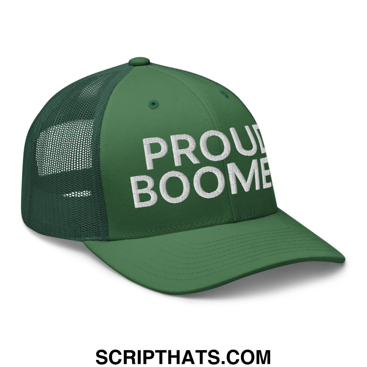 Dark green mesh trucker hat with white embroidered proud boomer text on front panel for casual wear