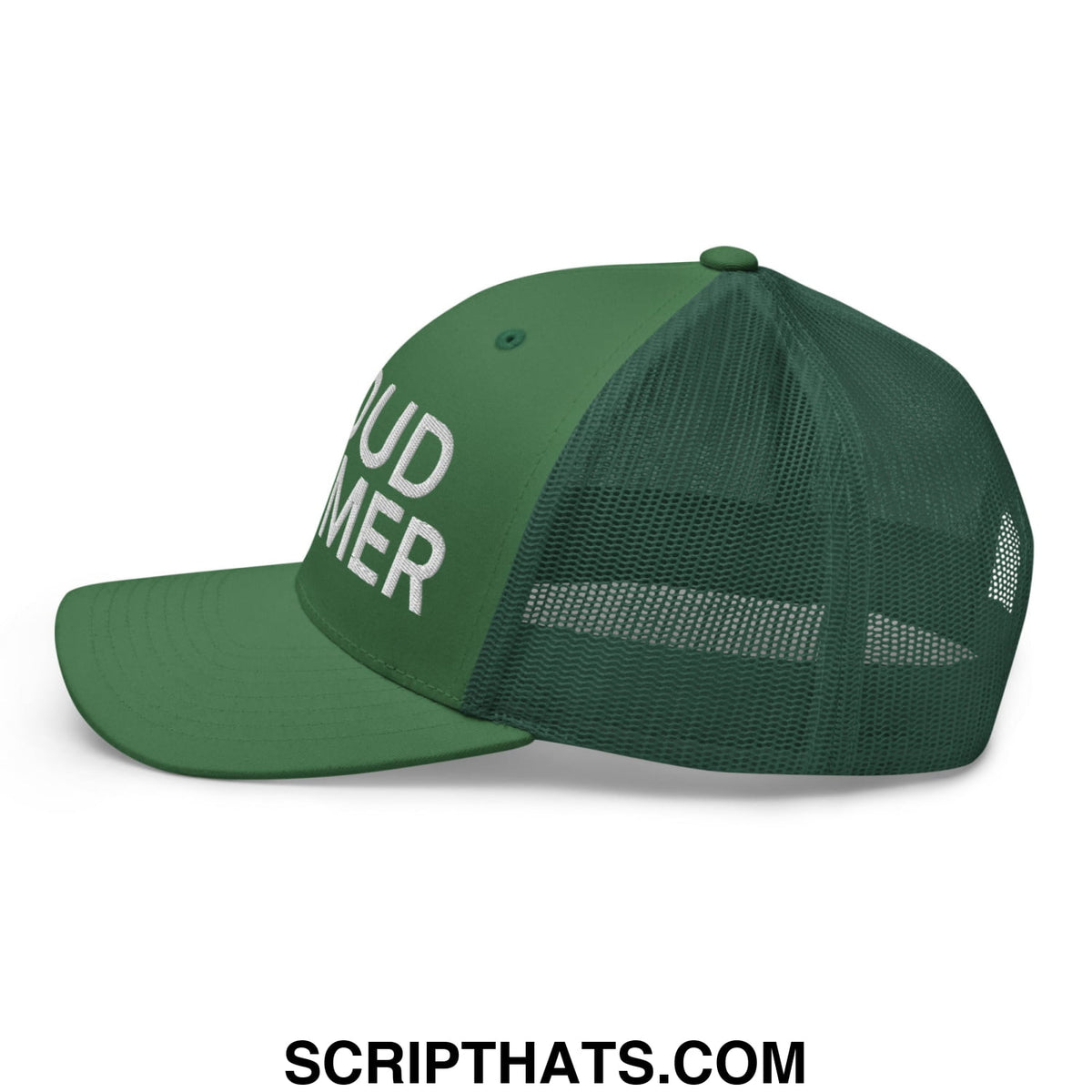 Dark green mesh trucker hat with white embroidered bud taker text on front panel proud boomer style