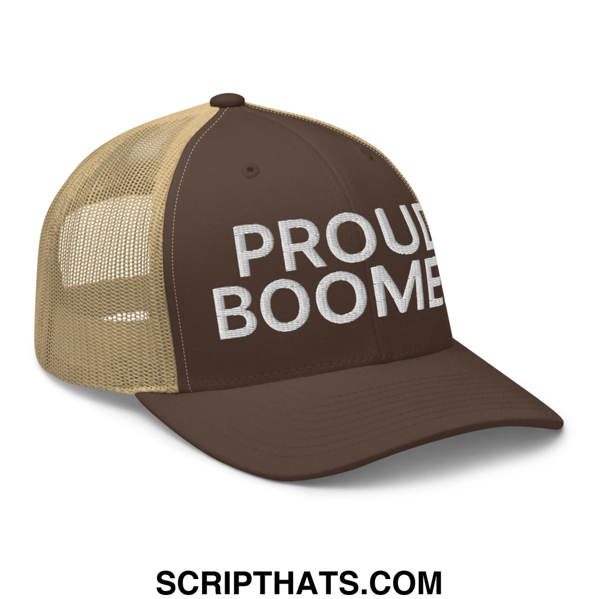 Brown and tan mesh trucker hat with white embroidered proud boomer text on the front panel