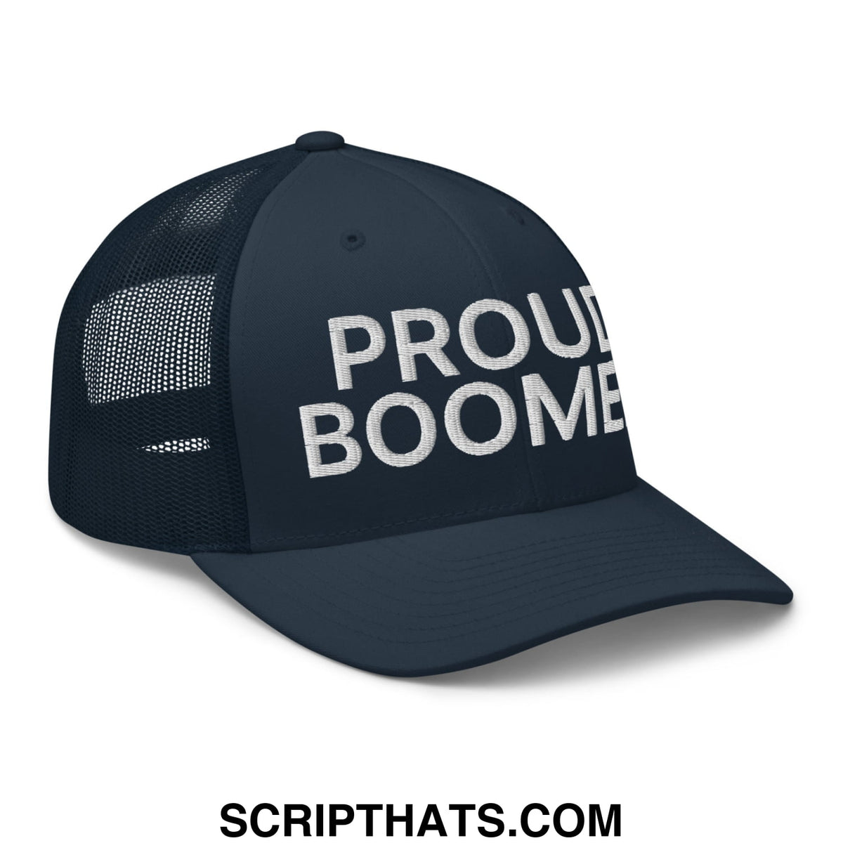 Dark navy mesh trucker hat with white embroidered proud boomer text on front in proud boomer embroidered mesh trucker hat
